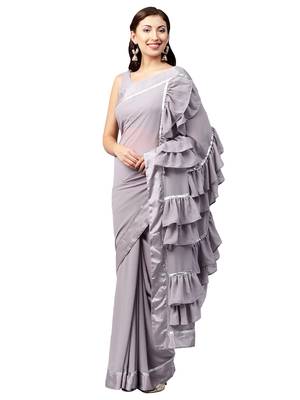Inddus Lavender Georgette Solid Ruffle Saree With Blouse Piece 1