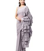 Inddus Lavender Georgette Solid Ruffle Saree With Blouse Piece