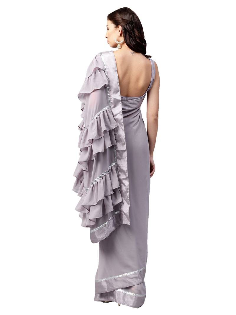Inddus Lavender Georgette Solid Ruffle Saree With Blouse Piece