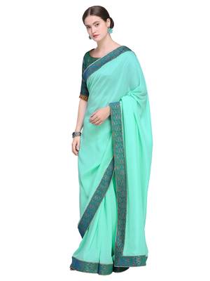 Inddus Green Art Silk Solid Bordered Saree With Blouse Piece 1