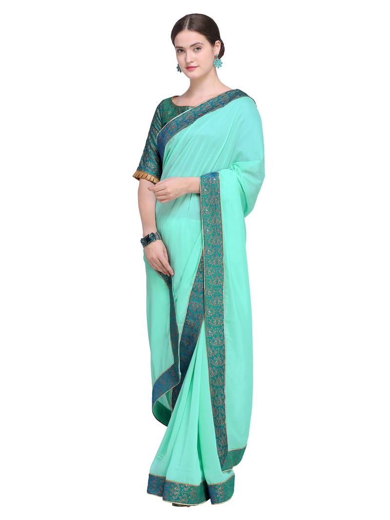 Inddus Green Art Silk Solid Bordered Saree With Blouse Piece