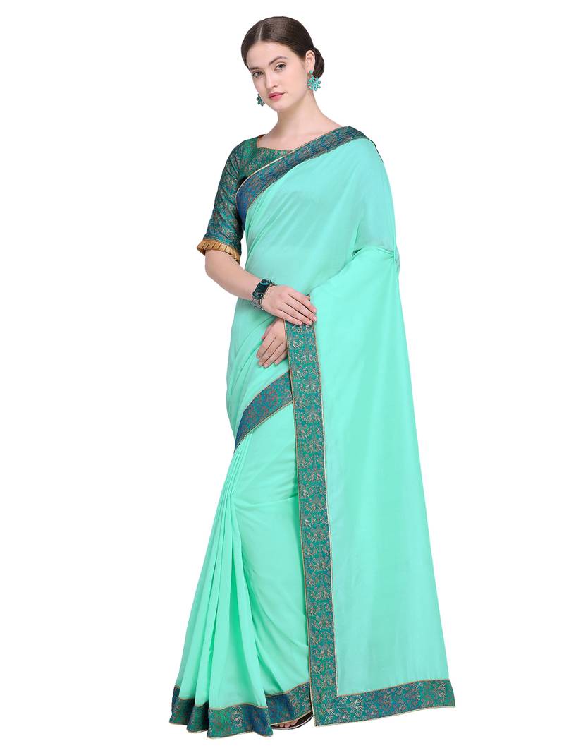 Inddus Green Art Silk Solid Bordered Saree With Blouse Piece