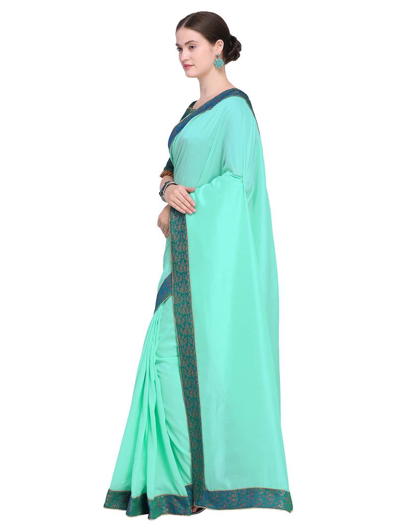 Inddus Green Art Silk Solid Bordered Saree With Blouse Piece