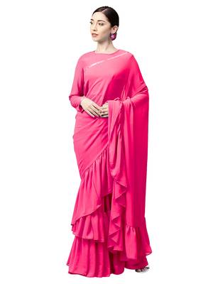 Inddus Pink Georgette Solid Ruffle Saree With Blouse Piece 1
