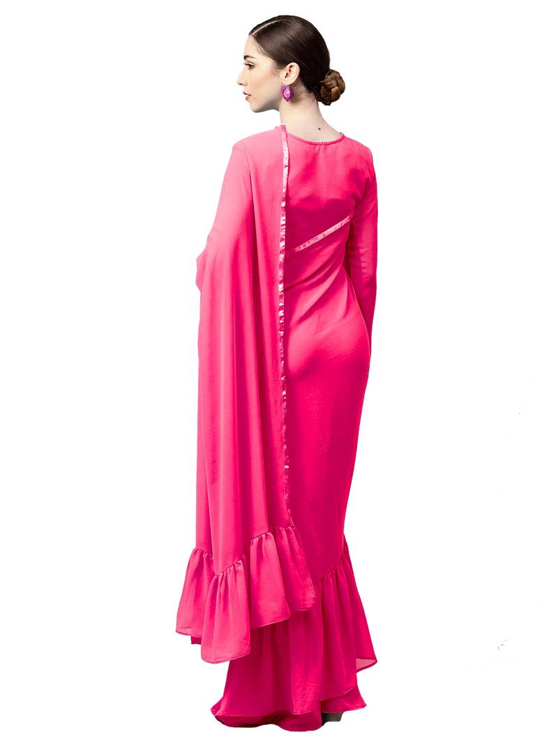 Inddus Pink Georgette Solid Ruffle Saree With Blouse Piece