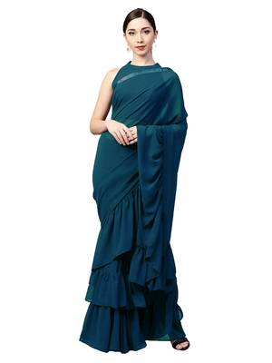 Inddus Turquoise Georgette Solid Ruffle Saree With Blouse Piece 1