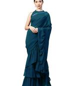 Inddus Turquoise Georgette Solid Ruffle Saree With Blouse Piece