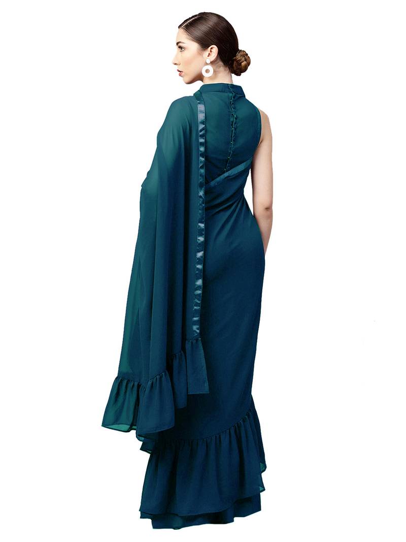 Inddus Turquoise Georgette Solid Ruffle Saree With Blouse Piece