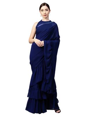 Inddus Navy Blue Georgette Ruffle Saree With Blouse Piece 1