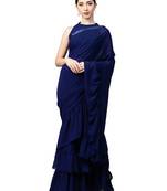 Inddus Navy Blue Georgette Ruffle Saree With Blouse Piece