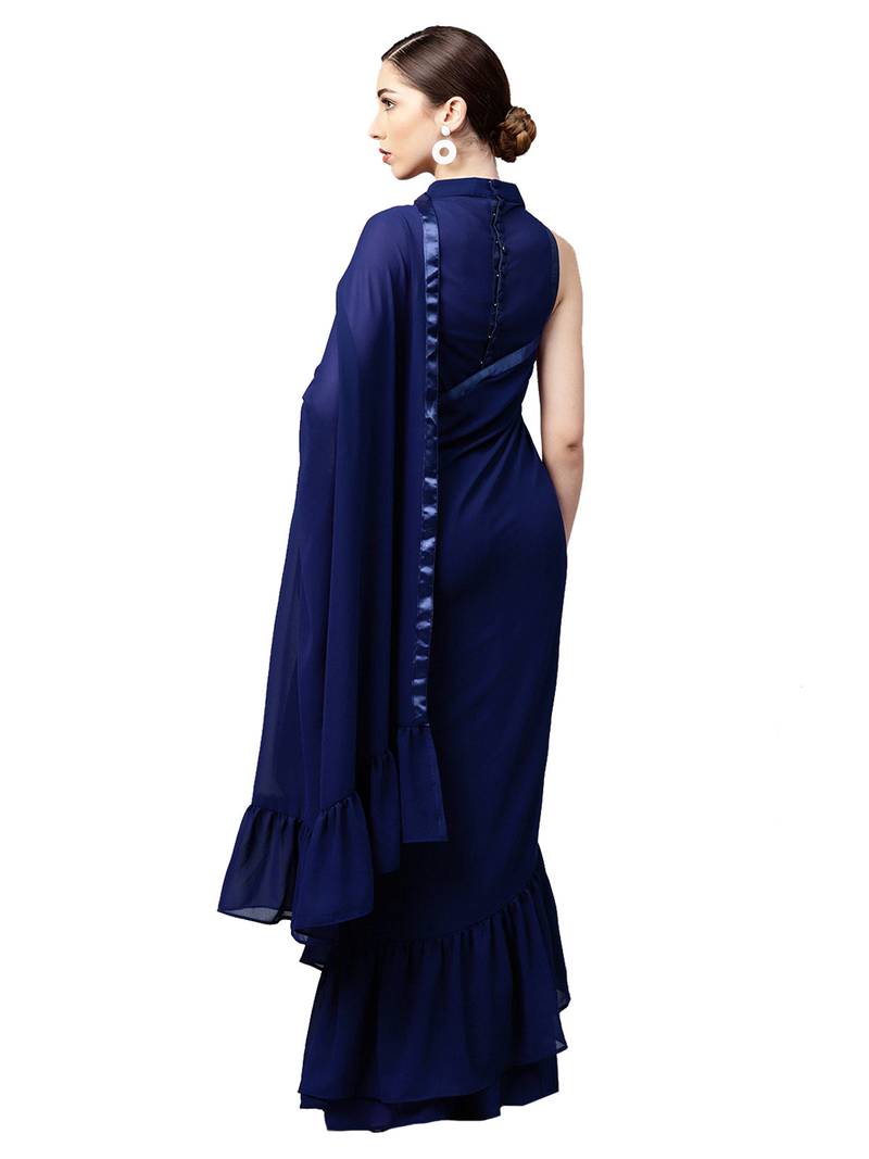 Inddus Navy Blue Georgette Ruffle Saree With Blouse Piece