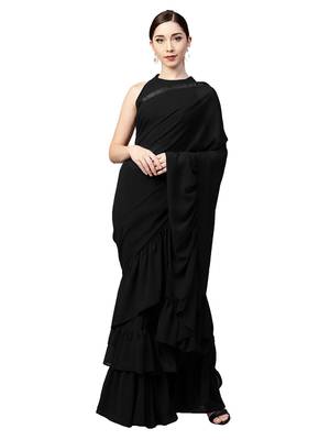 Inddus Black Georgette Solid Ruffle Saree With Blouse Piece 1