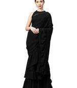 Inddus Black Georgette Solid Ruffle Saree With Blouse Piece
