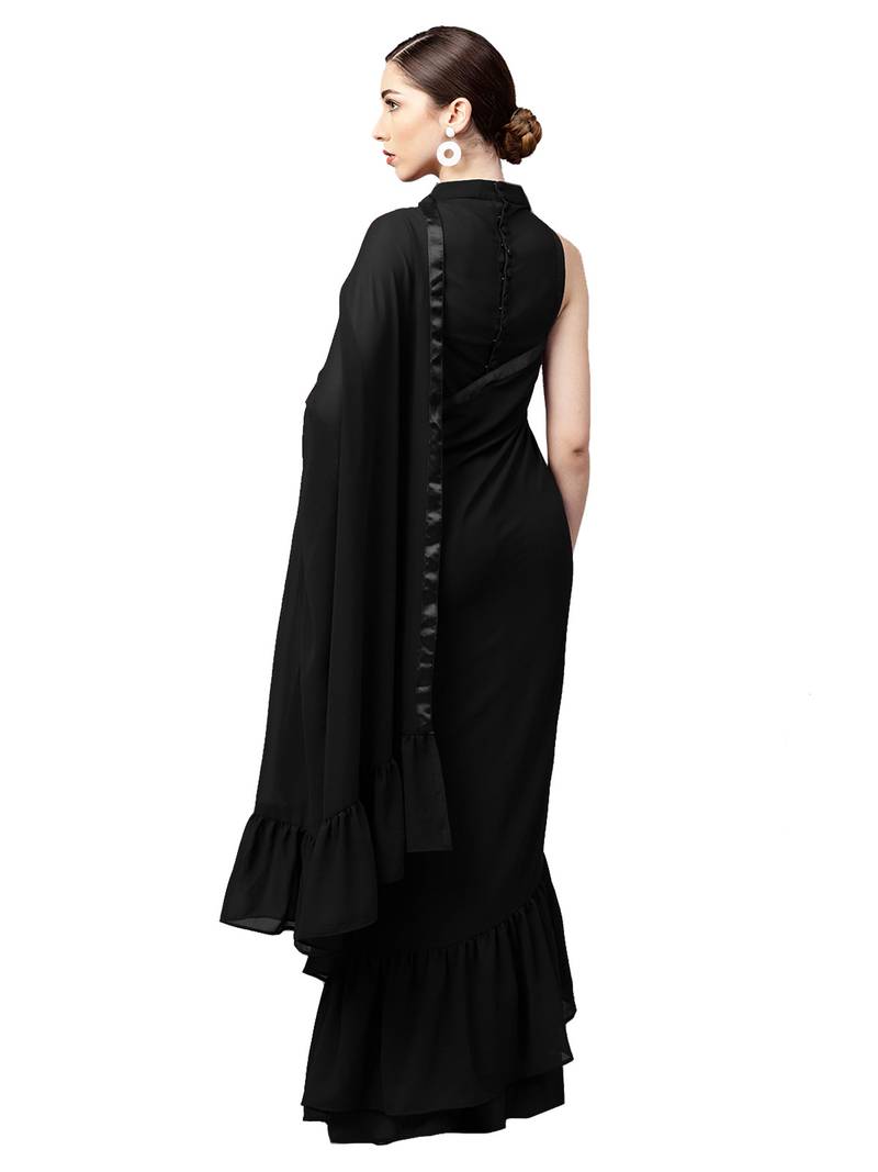 Inddus Black Georgette Solid Ruffle Saree With Blouse Piece