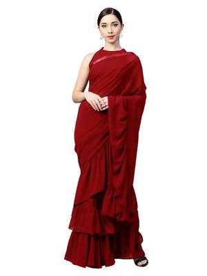 Inddus Red Georgette Solid Ruffle Saree With Blouse Piece 1