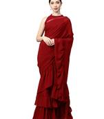 Inddus Red Georgette Solid Ruffle Saree With Blouse Piece