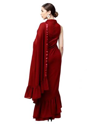Inddus Red Georgette Solid Ruffle Saree With Blouse Piece 2