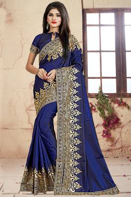 Navy Blue Embroidered Silk Saree With Blouse 1