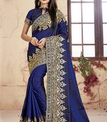 Navy Blue Embroidered Silk Saree With Blouse