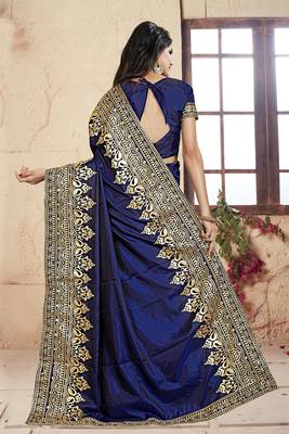 Navy Blue Embroidered Silk Saree With Blouse 2
