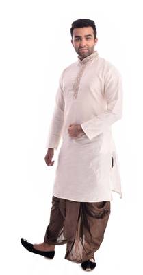 Beige Plain Silk Blend Dhoti Kurta 3