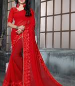 Red Embroidered Georgette Saree With Blouse