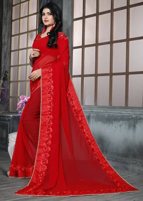 Red Embroidered Georgette Saree With Blouse 2