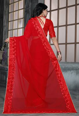Red Embroidered Georgette Saree With Blouse 3