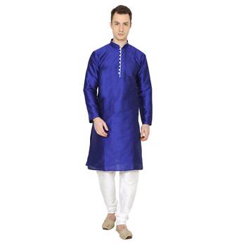 Blue Plain Silk Blend Men Kurtas 1
