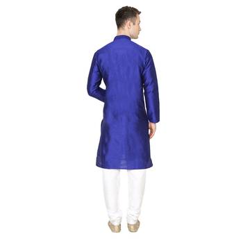 Blue Plain Silk Blend Men Kurtas 2