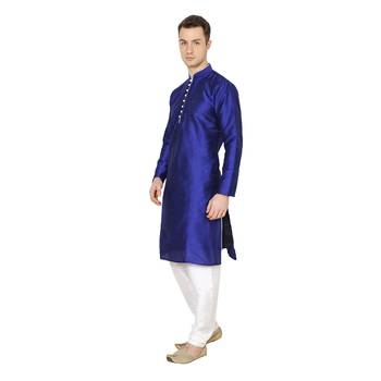 Blue Plain Silk Blend Men Kurtas 3