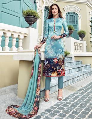 Sky-blue printed satin salwar with dupatta 1