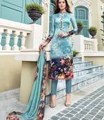 Sky-blue printed satin salwar with dupatta