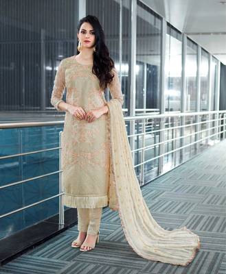Beige embroidered net salwar with dupatta 1