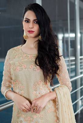 Beige embroidered net salwar with dupatta 2