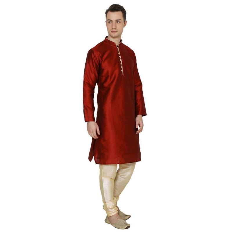 Maroon Silk Kurta Set For Men With Floral Motif Print main image 0