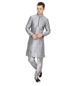 Silver Plain Silk Blend Men Kurtas