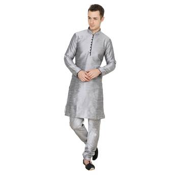 Silver Plain Silk Blend Men Kurtas 5