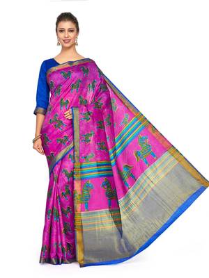 Pink Printed Raw Silk Saree With Blouse 2