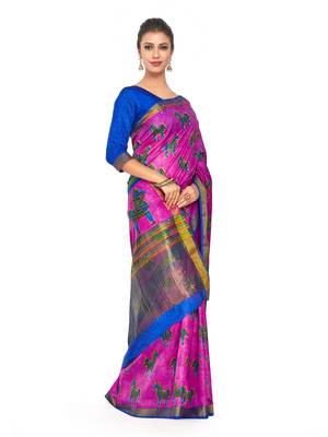 Pink Printed Raw Silk Saree With Blouse 3
