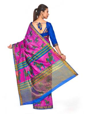 Pink Printed Raw Silk Saree With Blouse 4