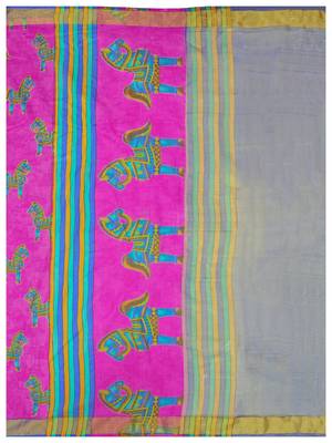 Pink Printed Raw Silk Saree With Blouse 7