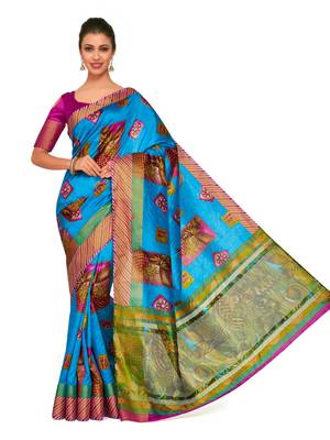 Turquoise Printed Raw Silk Saree With Blouse 2