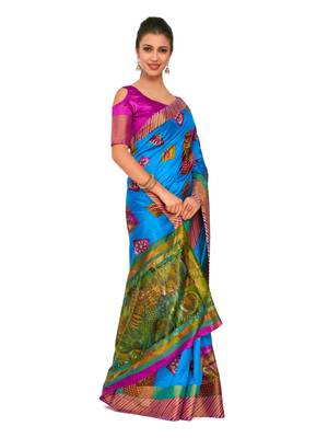 Turquoise Printed Raw Silk Saree With Blouse 3