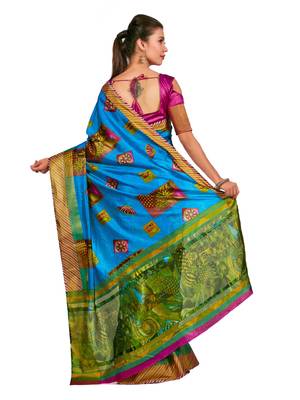 Turquoise Printed Raw Silk Saree With Blouse 4