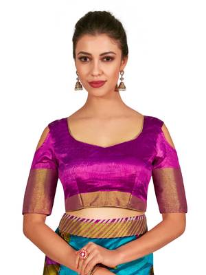 Turquoise Printed Raw Silk Saree With Blouse 5