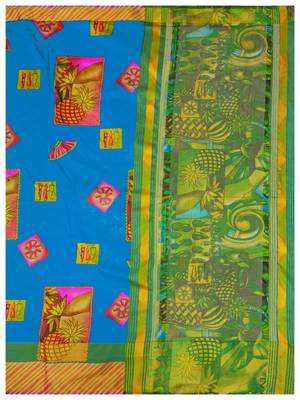 Turquoise Printed Raw Silk Saree With Blouse 7