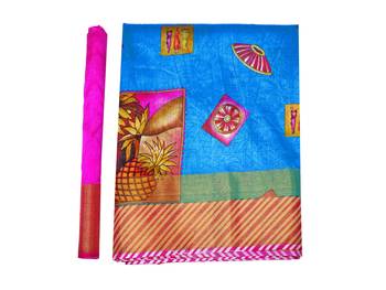 Turquoise Printed Raw Silk Saree With Blouse 8