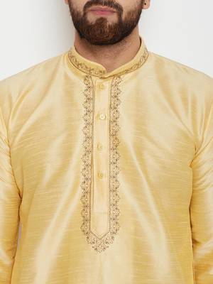Gold Plain Raw Silk Men Kurtas 2