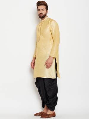 Gold Plain Raw Silk Men Kurtas 3